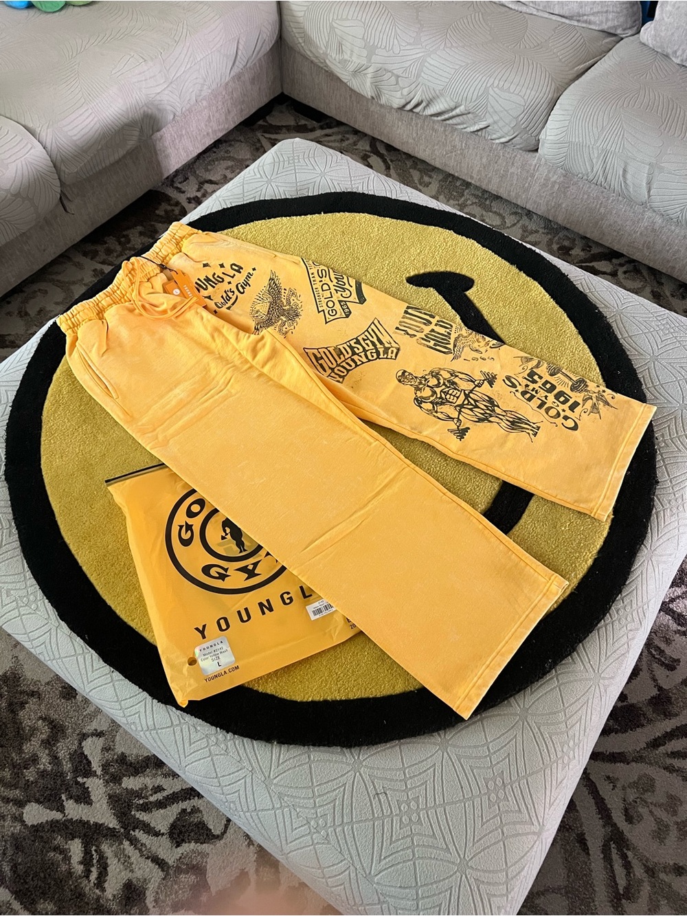 YoungLA golds gym sweats in yellow wash size large